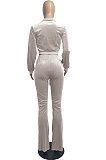 Gray Wholesale New Korea Velvet Long Sleeve Zipper Front Coat Flare Pants Casual Sets FH171-5