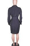 Black Simple Autumn Long Sleeve Lapel Neck Single-Breasted With Beltband Shirt Dress BS1285-1