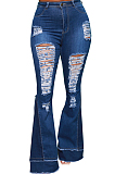 Drak Blue Personality Spliced Hole Elasticty High Waist Slim Fitting Jean Flare Pants SMR2585-3