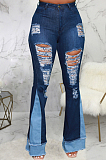 Drak Blue Personality Spliced Hole Elasticty High Waist Slim Fitting Jean Flare Pants SMR2585-3