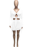 White Euramerican Women Autumn Long Sleeve Shirred Detail Tied Hip Sexy Pure Color Skirts Sets Q938-1
