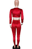 Red Casual Pleuche Long Sleeve Zipper Tops Pencil Pants Sport Sets BS1284-2