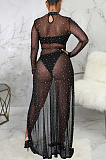 Black Sexy Mesh See-Through Long Sleeve O Neck Collcet Waist Elastic Split Long Dress SMR10482-2