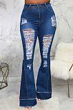 Blue Personality Spliced Hole Elasticty High Waist Slim Fitting Jean Flare Pants SMR2585-1