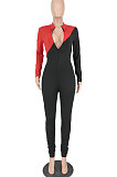 Red Modest Color Matching Long Sleeve Stand Neck Zipper Bodycon Jumpsuits HY5241-2