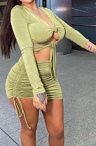 Light Green Euramerican Women Autumn Long Sleeve Shirred Detail Tied Hip Sexy Pure Color Skirts Sets Q938-4