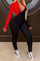Red Modest Color Matching Long Sleeve Stand Neck Zipper Bodycon Jumpsuits HY5241-2