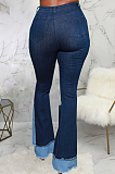 Blue Personality Spliced Hole Elasticty High Waist Slim Fitting Jean Flare Pants SMR2585-1