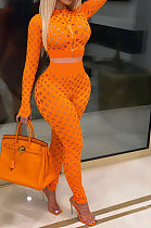Orange Fashion Hollow Out Long Sleeve Stand Neck Zipper Top Bodycon Pants Two-Piece HY5240-2