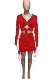Red Euramerican Women Autumn Long Sleeve Shirred Detail Tied Hip Sexy Pure Color Skirts Sets Q938-2