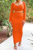 Orange Cotton Blend Long Sleeve Notched Neck Crop Top Split Skirts Solid Color Two-Piece HH8984-3