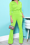 Neon Green New Autumn Winter Long Sleeve Zip Front Hoodie Flare Pants Solid Color Sport Sets KSN88012-3