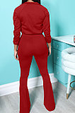 Red New Autumn Winter Long Sleeve Zip Front Hoodie Flare Pants Solid Color Sport Sets KSN88012-1