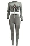Black Autumn Winter Sexy Pure Color Casual Round Collar Chain Ribber Long Sleeve Pants Sets JP1051-1