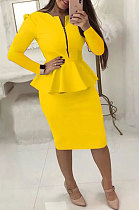 Yellow New Simple Long Sleeve Zip Front Top Hip Skits Solid Color OL Sets LSN785-2