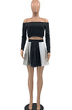 Black Women A Word Shoulder Pure Color Tops Spliced Skirts Sets JR3651-1