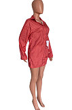 Red Women Cardigan Long Sleeve Shirts Stripe Shorts Sets HM5505