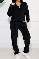 Black Solid Color Long Sleeve Coat Korea Velvet Fashion Casual Sport Straight Leg Pants Sets HM5507-2