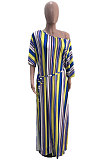 Summer Colorful Stripe Short Sleeve Loose With Beltband Slit Long Dress YSH96242