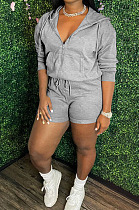Gray Women Hooded Long Sleeve Solid Color Cardigan Zipper Fleece Shorts Sets KDN2218-3
