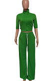 Green Women Autumn Half Sleeve Coat Pure Color Loose Pants Sets HM5504