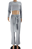 Gray Women Cotton Blend Solid Color Long Sleeve Round Collar Bandge Casual Sport Pants Sets JZH8082-1