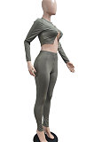 Olive Green Autumn Winter Sexy Pure Color Casual Round Collar Chain Ribber Long Sleeve Pants Sets JP1051-3