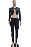 Black Autumn Winter Sexy Pure Color Casual Round Collar Chain Ribber Long Sleeve Pants Sets JP1051-1