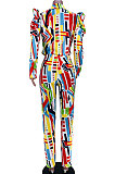 Rainbow Women Puff Sleeve Long leeve Printing Irregular Pants Sets JZH8075