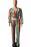Orange Autumn Winter Women New Stripe Lantern Sleeve Loose Pants Sets HM5508