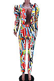 Rainbow Women Puff Sleeve Long leeve Printing Irregular Pants Sets JZH8075