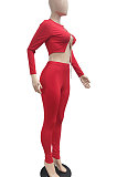 Red Autumn Winter Sexy Pure Color Casual Round Collar Chain Ribber Long Sleeve Pants Sets JP1051-2