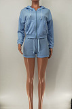 Black Women Hooded Long Sleeve Solid Color Cardigan Zipper Fleece Shorts Sets KDN2218-1