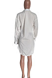 White Euramerican Autumn Solid Color Casual Loose Waist Irregular Cardigan T Shirt/Shirt Dress HM5503