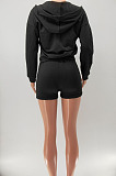 Gray Women Hooded Long Sleeve Solid Color Cardigan Zipper Fleece Shorts Sets KDN2218-3