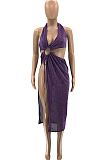 Purple Sexy Club Halter Neck Low-Cut Backless Hollow Out Slit Dress SZS8039-3