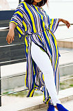 Summer Colorful Stripe Short Sleeve Loose With Beltband Slit Long Dress YSH96242