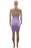 Rose Red Sexy Plaid Print Halter Neck Strapless Backless Hollow Out Mini Dress SZS8018-2