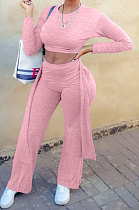 Pink Women Cotton Blend Solid Color Long Sleeve Round Collar Bandage Casual Sport Pants Sets JZH8082-2