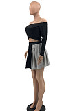 Black Women A Word Shoulder Pure Color Tops Spliced Skirts Sets JR3651-1