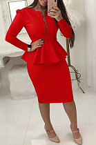 Red New Simple Long Sleeve Zip Front Top Hip Skits Solid Color OL Sets LSN785-1