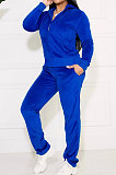 Royal Blue Solid Color Long Sleeve Coat Korea Velvet Fashion Casual Sport Straight Leg Pants Sets HM5507-3