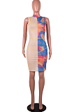 Pink Digital Print Mesh Sleeveless O Neck Zip Back Collcet Waist Hip Dress SZS8042-3
