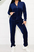 Navy Blue Solid Color Long Sleeve Coat Korea Velvet Fashion Casual Sport Straight Leg Pants Sets HM5507-4