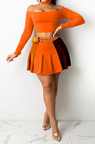 Orange Women A Word Shoulder Pure Color Tops Spliced Skirts Sets JR3651-2