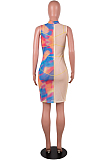 Pink Digital Print Mesh Sleeveless O Neck Zip Back Collcet Waist Hip Dress SZS8042-3