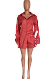 Red Women Cardigan Long Sleeve Shirts Stripe Shorts Sets HM5505