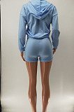 Dark Blue Women Hooded Long Sleeve Solid Color Cardigan Zipper Fleece Shorts Sets KDN2218-4