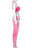 Pink Women Trendy Casual Solid Color Tops Hollow Out Tied Pleuche Pants Sets HLR15852