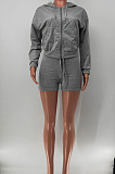 Dark Blue Women Hooded Long Sleeve Solid Color Cardigan Zipper Fleece Shorts Sets KDN2218-4